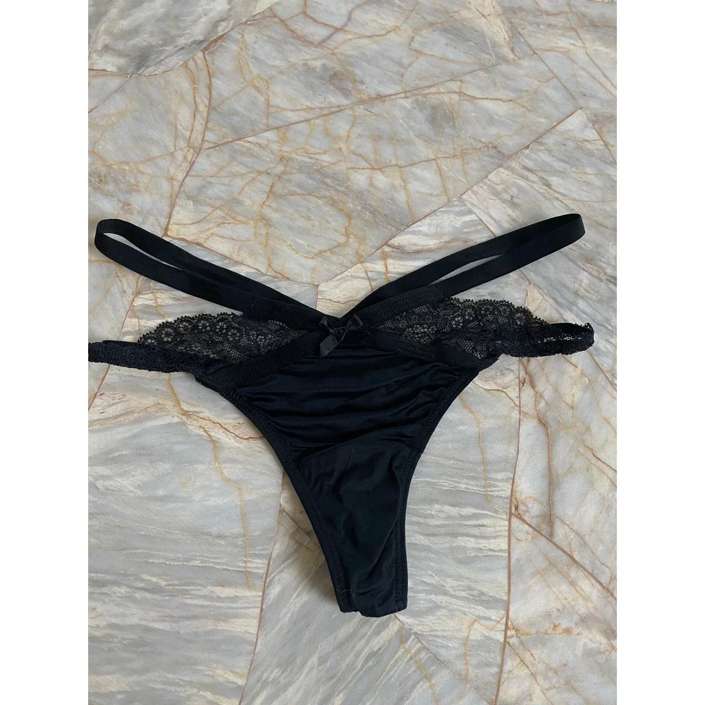 Victoria's Secret Black Strappy Lace Thong Panty  Caged Straps XS